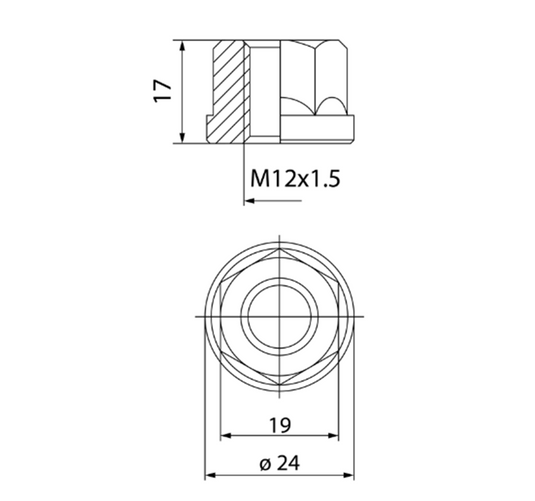 Dado piatto ad apertura 12x150 chiave 19 Ø24 L17mm zinco