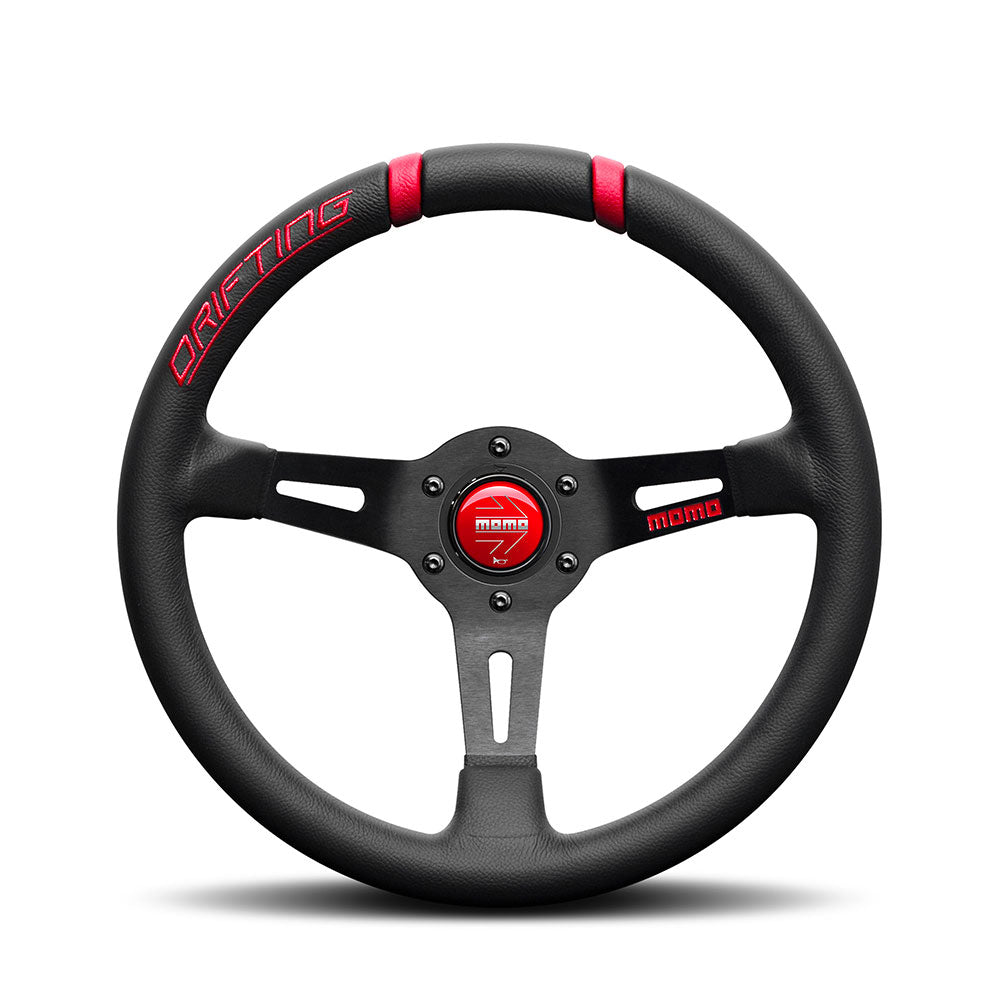 Volante Momo Drifting Rosso, a Calice (88 mm), Pelle Nera, Razze Nere - 33 cm