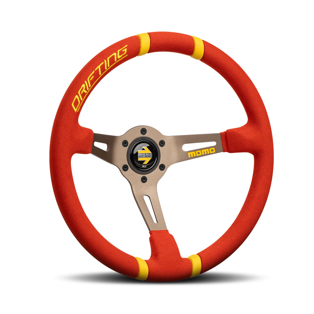 Volante Momo Drifting Rosso, a Calice (90 mm), Microfibra Rossa, Razze Antracite - 35 cm
