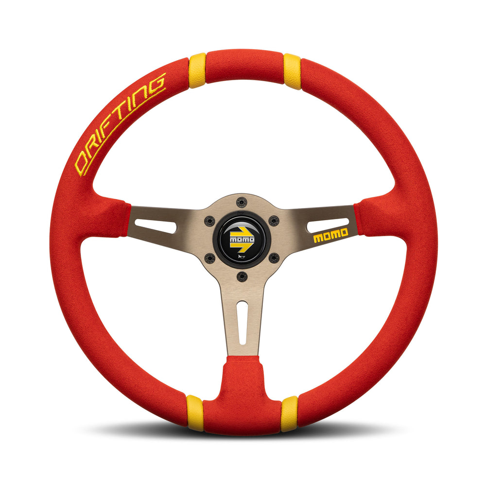 Volante Momo Drifting Rosso, a Calice (90 mm), Microfibra Rossa, Razze Antracite - 35 cm
