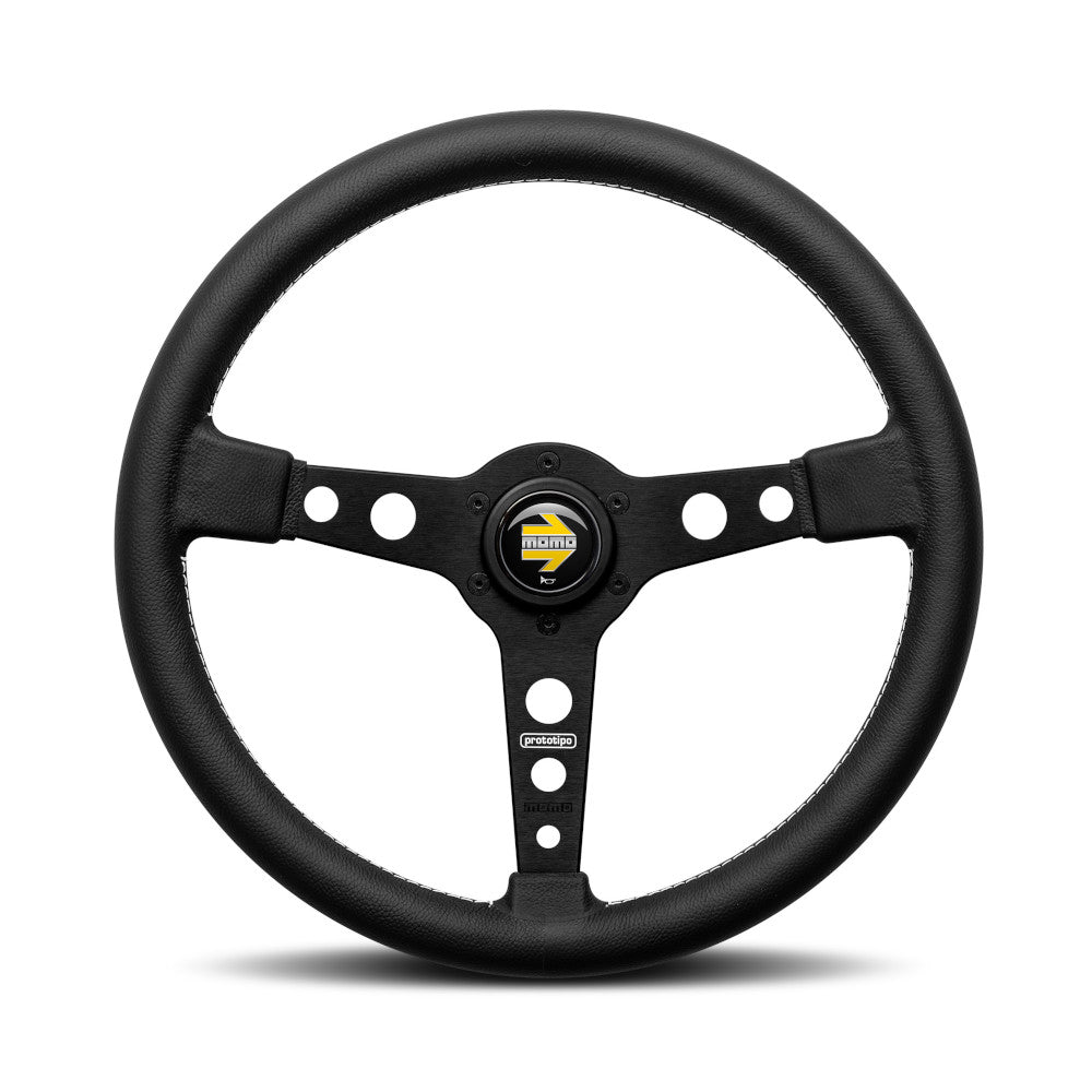 Volante Momo Prototipo a Calice (37 mm), Pelle Nera, Razze Nere - 37 cm