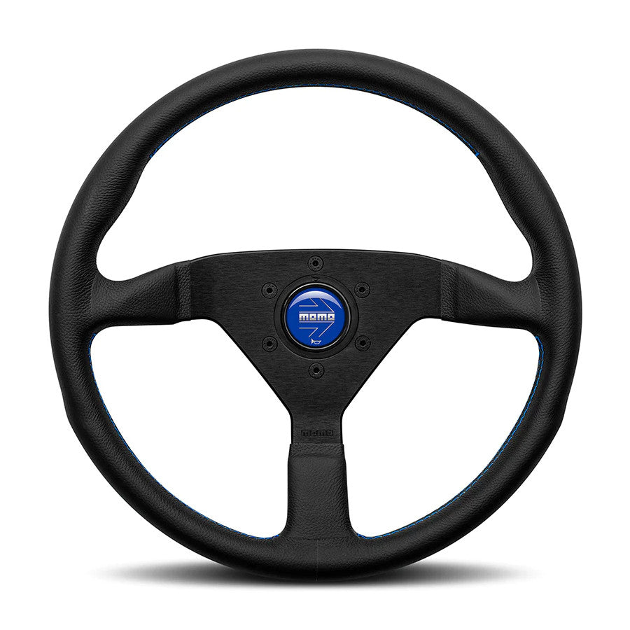Volante Momo Montecarlo a Calice (40 mm), Pelle Nera, Cuciture Blu - 35 cm