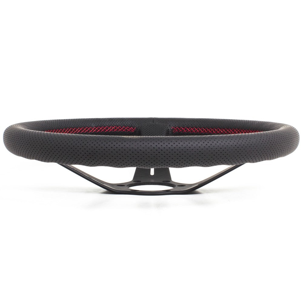 Volante Nardi Deep Corn Ø35, Pelle Nera Forata, Razze Nere, Cuciture Rosse, a Calice 80 mm