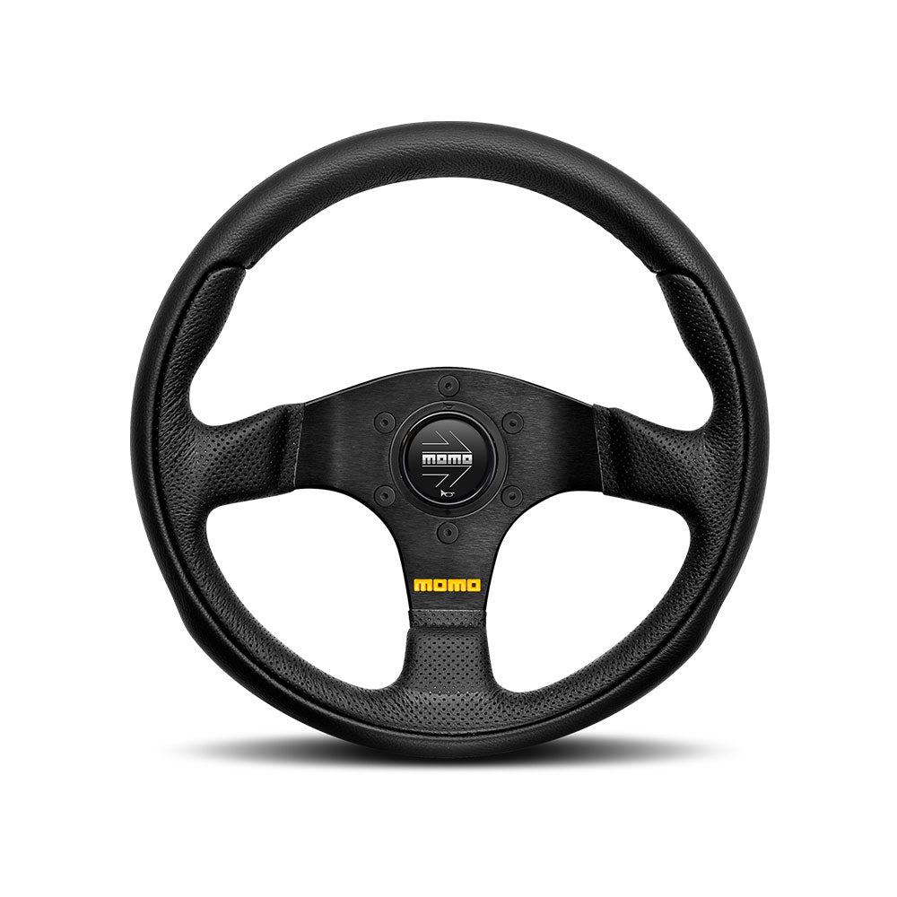 Volante Momo Team a Calice (40 mm), Pelle Nera, Razze Nere - 28 cm
