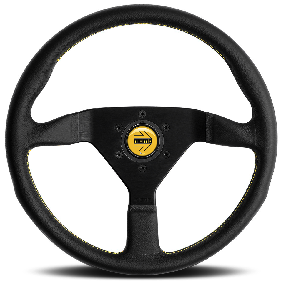 Volante Momo Montecarlo a Calice (40 mm), Pelle Nera, Cuciture Gialle - 35 cm
