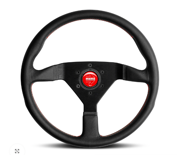 Carica immagine in Galleria Viewer, Volante Momo Montecarlo a Calice (40 mm), Pelle Nera, Cuciture Rosse - 35 cm
