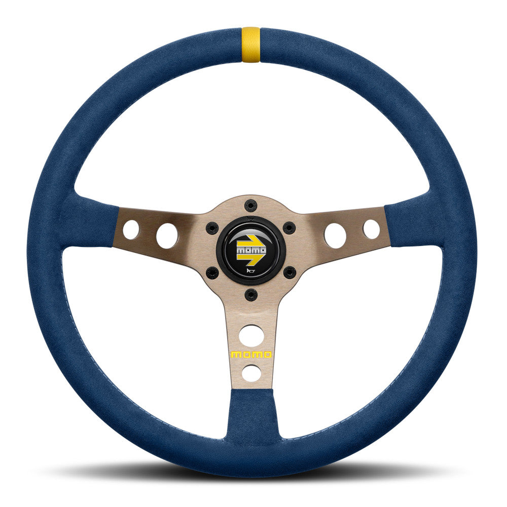 Volante Momo Mod. 07 a Calice (72 mm), Microfibra Blu, Razze Antracite - 35 cm