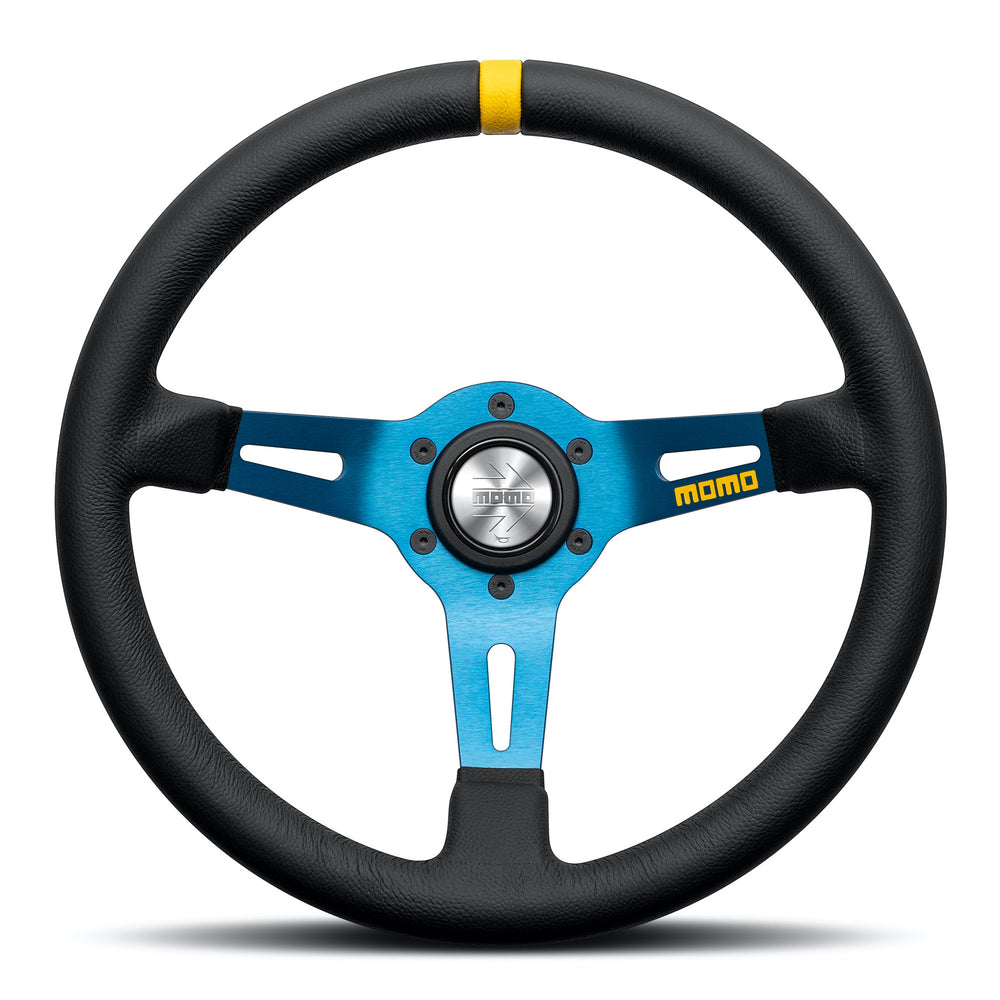 Volante Momo Mod. 08 a Calice (85 mm), Pelle Nera, Razze Blu - 33 cm
