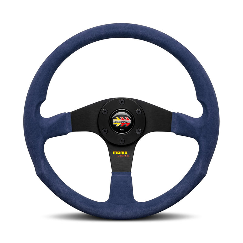 Carica immagine in Galleria Viewer, Volante Momo Corse 2.0, Scamosciato Blu, Razze Nere - 35 cm

