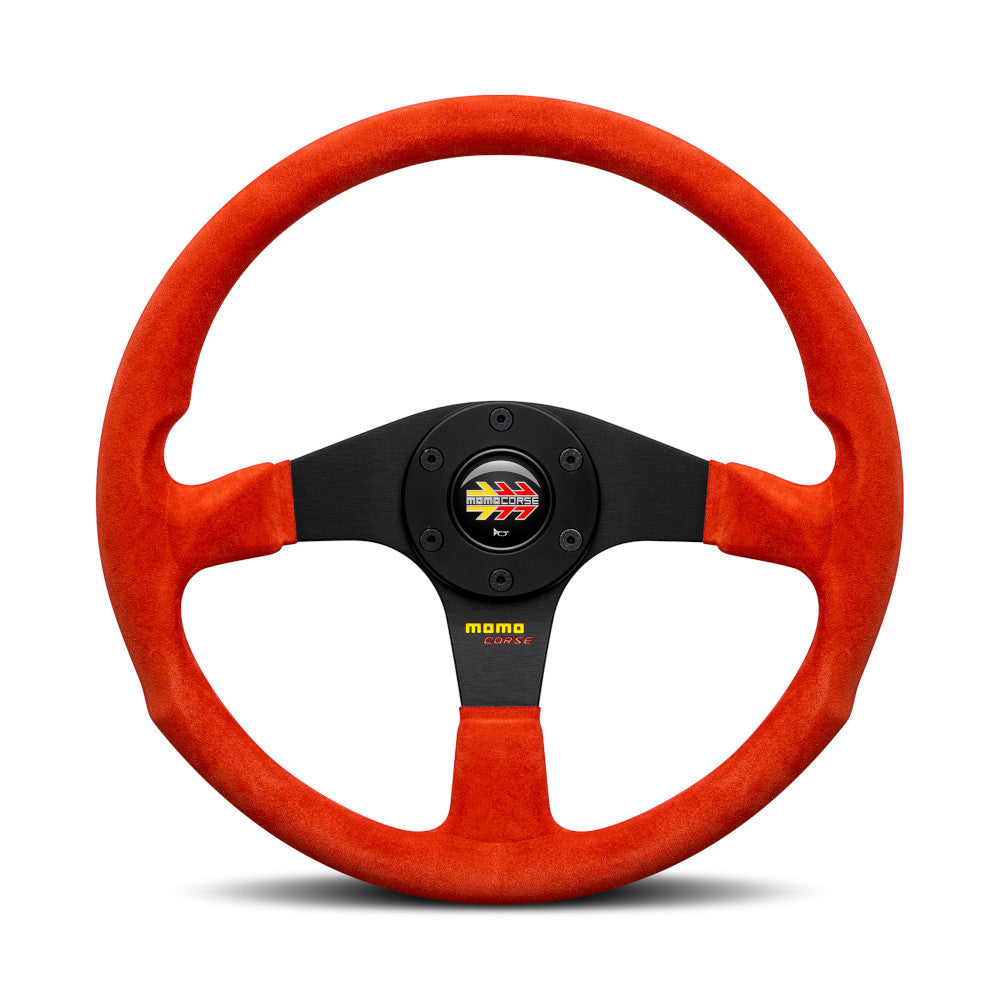 Volante Momo Corse 2.0, Scamosciato Rosso, Razze Nere - 35 cm