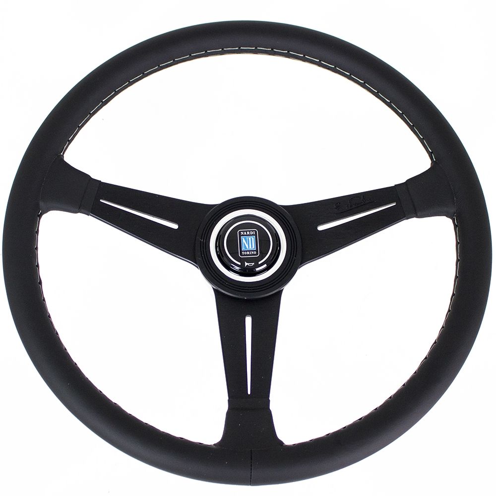 Volante Nardi Classic ND39 Pelle Nera, Razze Nere, Cuciture Grigie, a Calice 30 mm