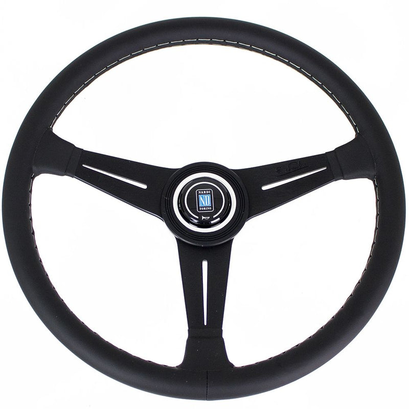 Carica immagine in Galleria Viewer, Volante Nardi Classic ND39 Pelle Nera, Razze Nere, Cuciture Grigie, a Calice 30 mm

