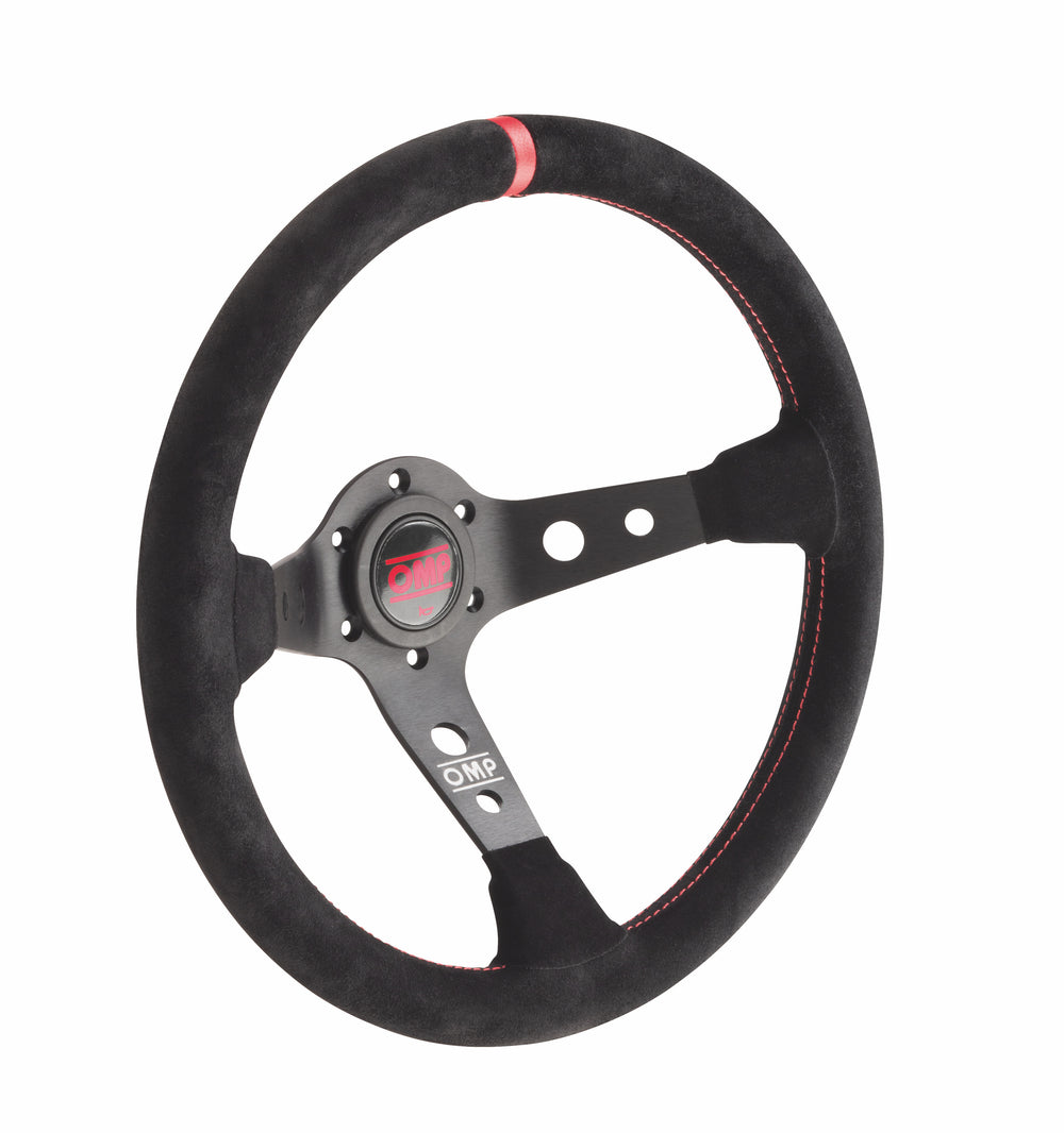 Volante OMP Corsica a Calice (95 mm), Scamosciato Nero, Razze Nere, Cuciture Rosse