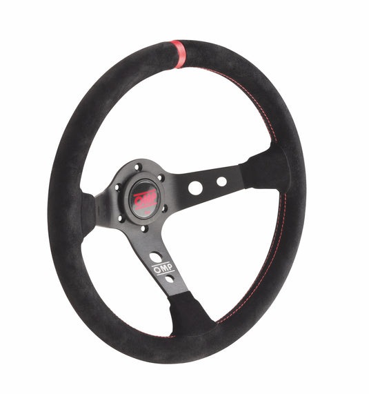 Volante OMP Corsica a Calice (95 mm), Scamosciato Nero, Razze Nere, Cuciture Rosse