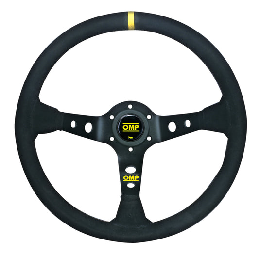 Volante OMP Corsica a Calice (95 mm), Scamosciato Nero, Razze Nere, Cuciture Gialle