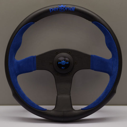 Volante Personal Pole Position (330 mm) Pelle Nera & Scamosciato Blu, Razze Nere, Logo Blu