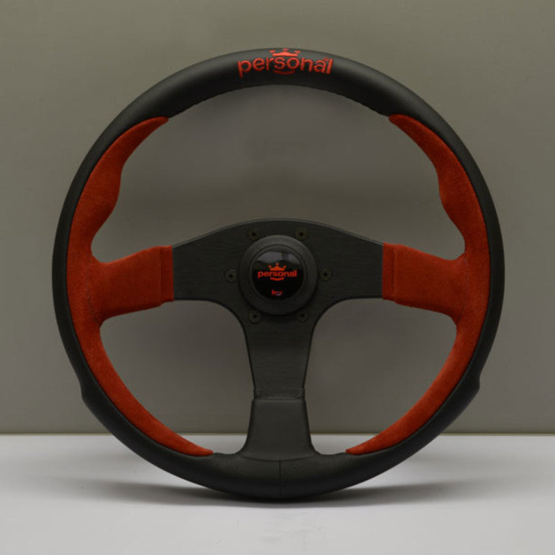 Volante Personal Pole Position (330 mm) Pelle Nera & Scamosciato Rosso, Razze Nere, Logo Rosso