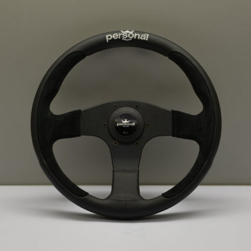 Volante Personal Pole Position (330 mm) Pelle Nera & Scamosciato Nero, Razze Nere, Logo Argento
