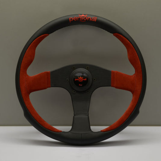 Volante Personal Pole Position (350 mm) Pelle Nera & Scamosciato Rosso, Razze Nere, Logo Rosso
