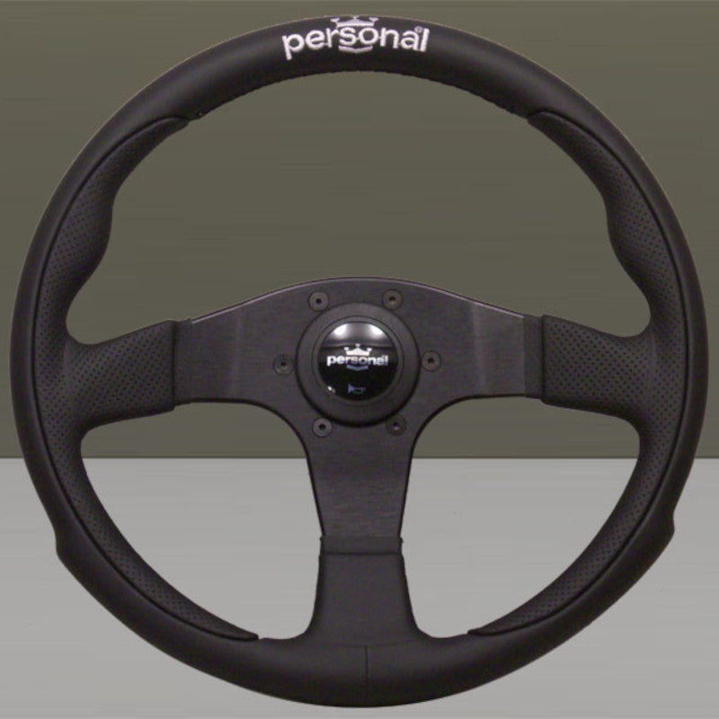 Volante Personal Pole Position (330 mm) Pelle Nera & Pelle Nera Forata, Razze Nere, Logo Argento