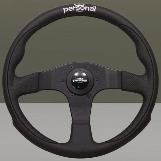 Volante Personal Pole Position (350 mm) Pelle Nera & Pelle Nera Forata, Razze Nere, Logo Argento