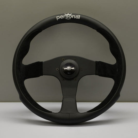 Volante Personal Pole Position (350 mm) Pelle Nera & Scamosciato Nero, Razze Nere, Logo Argento