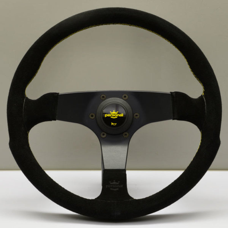 Volante Personal Fitti Corsa (350 mm) Scamosciato Nero, Razze Nere, Cuciture Gialle