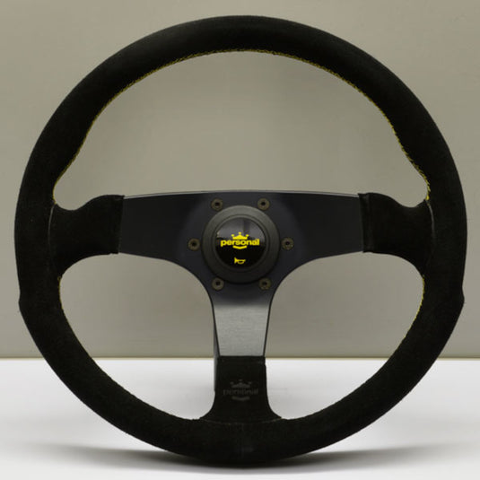 Volante Personal Fitti Corsa (350 mm) Scamosciato Nero, Razze Nere, Cuciture Gialle