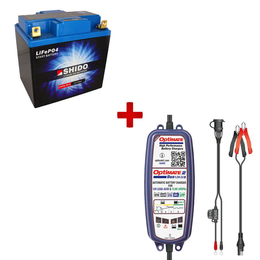 Pacchetto batteria al litio Shido 30A + caricabatterie Optimate 2 Duo