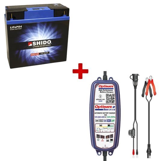 Pacchetto batteria al litio Shido + caricabatterie Optimate 2 Duo