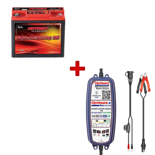 Pacchetto batteria Odyssey Extreme Racing 25 + caricabatterie Optimate 2 Duo