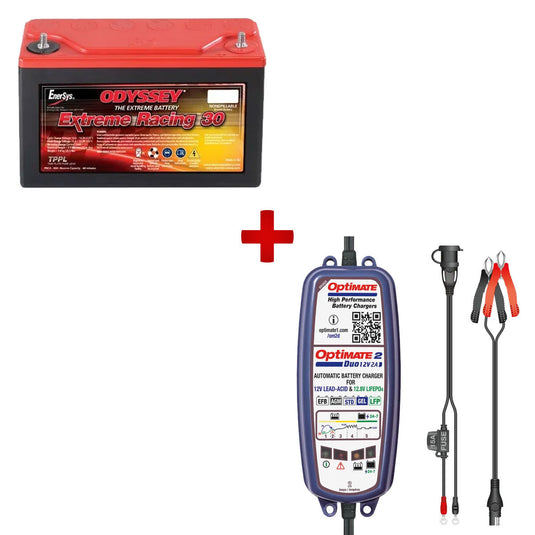 Pacchetto batteria Odyssey Extreme Racing 30 + caricabatterie Optimate 2 Duo