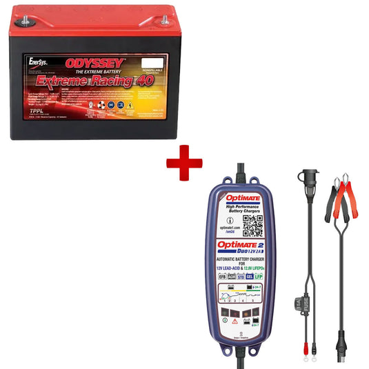 Pacchetto batteria Odyssey Extreme Racing 40 + caricabatterie Optimate 2 Duo