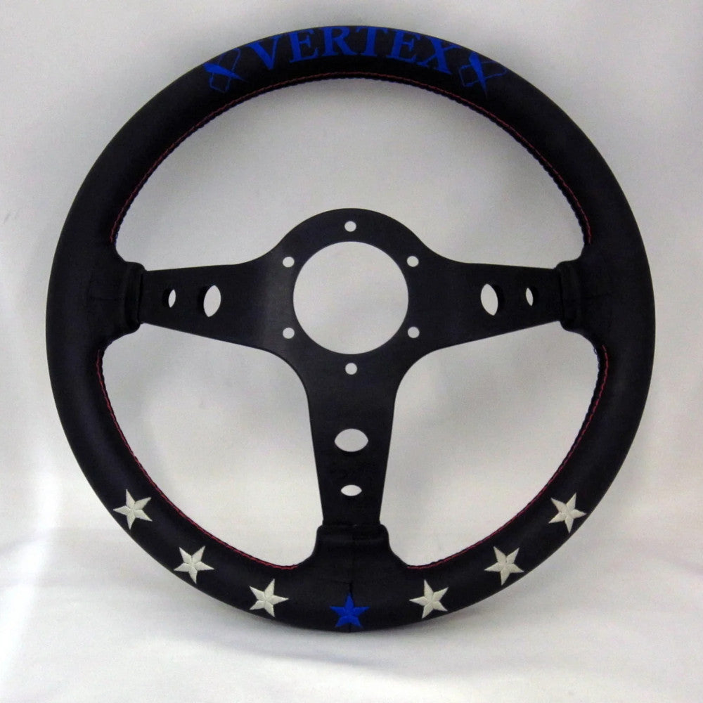 Volante Vertex 7 Star / Rosso & Blu a Calice (90 mm), Pelle Nera, Razze Nere - 33 cm