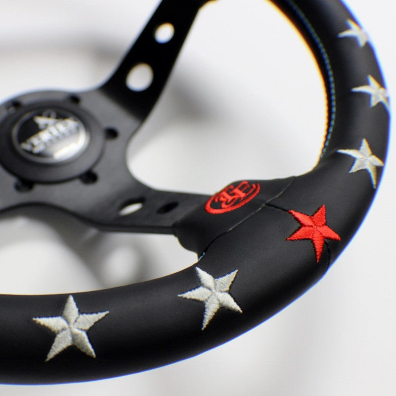 Volante Vertex 7 Star / Rosso & Blu a Calice (90 mm), Pelle Nera, Razze Nere - 33 cm