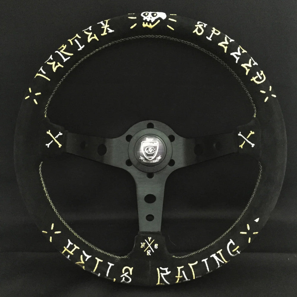 Volante Vertex Hells Racing / Oro & Argento a Calice (90 mm), Scamosciato Nero, Razze Nere - 33 cm