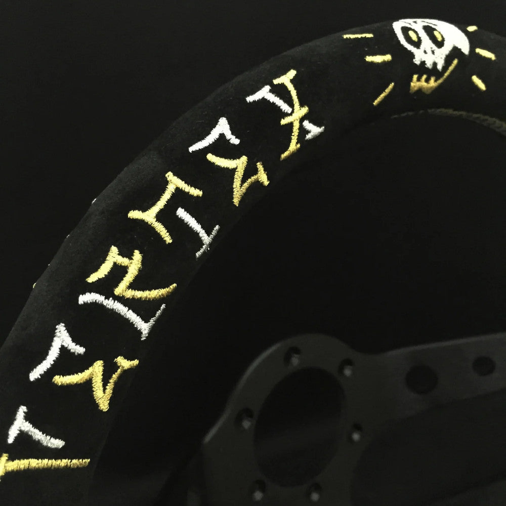 Volante Vertex Hells Racing / Oro & Argento a Calice (90 mm), Scamosciato Nero, Razze Nere - 33 cm