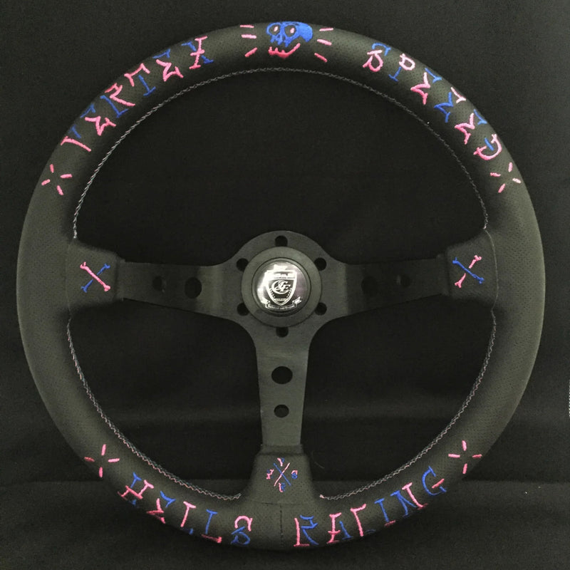 Carica immagine in Galleria Viewer, Volante Vertex Hells Racing / Rosa &amp; Blu a Calice (90 mm), Pelle Nera, Razze Nere - 35 cm
