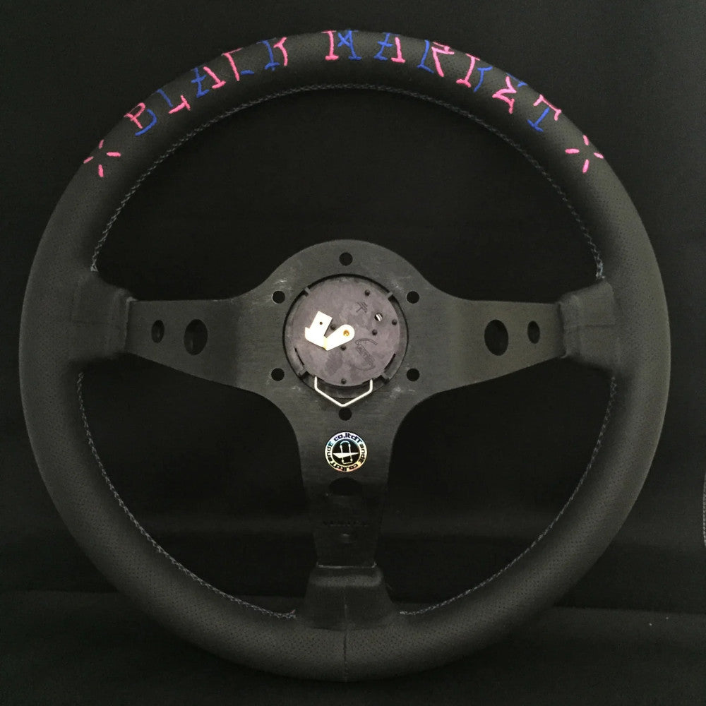 Volante Vertex Hells Racing / Rosa & Blu a Calice (90 mm), Pelle Nera, Razze Nere - 35 cm