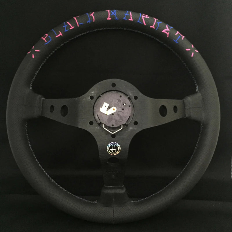 Carica immagine in Galleria Viewer, Volante Vertex Hells Racing / Rosa &amp; Blu a Calice (90 mm), Pelle Nera, Razze Nere - 35 cm
