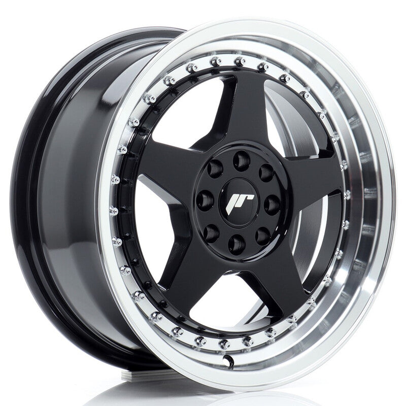 Carica immagine in Galleria Viewer, Cerchio Japan Racing JR-6 7x16 4x100/4x108 ET25 - Nero lucido con bordo lucidato
