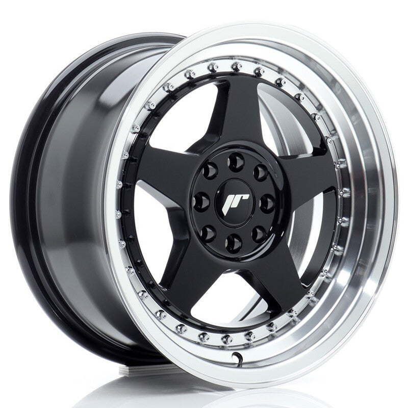 Carica immagine in Galleria Viewer, Cerchio Japan Racing JR-6 8x16 4x100/4x108 ET25 - Nero lucido con bordo lucidato
