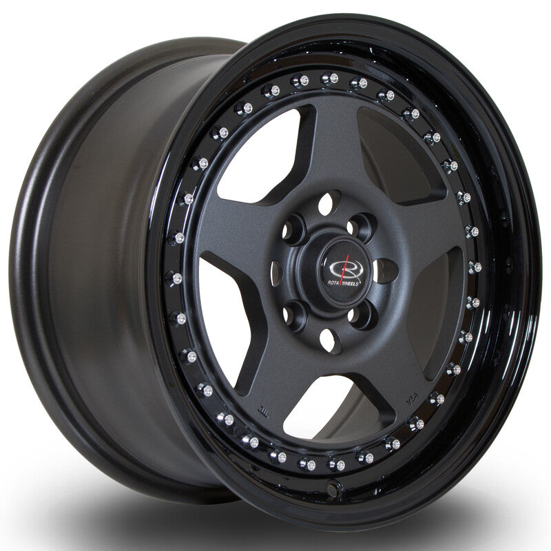 Carica immagine in Galleria Viewer, Cerchio Rota Kyusha 7x15 4x100 ET38 - Gunmetal con bordo nero lucido
